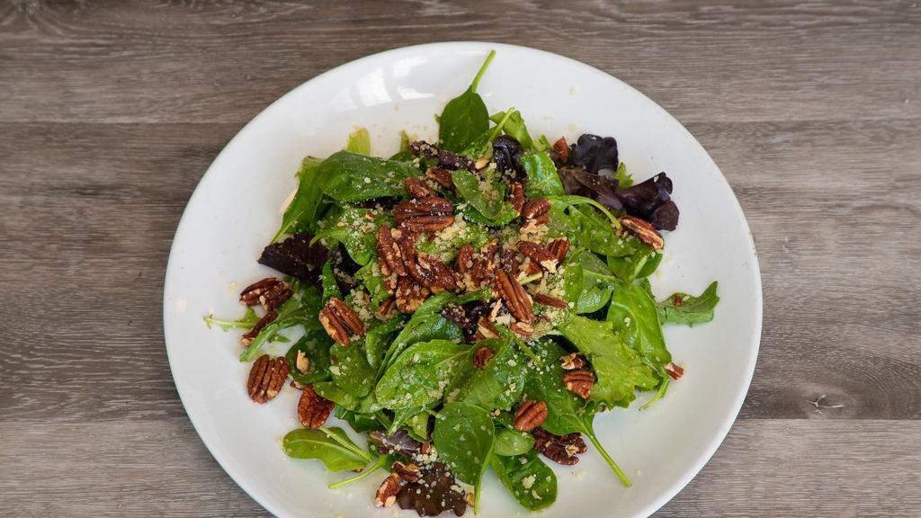 House Salad · Mixed Greens, Late Harvest Riesling Vinaigrette, Toasted Pecans, Parmesan.
