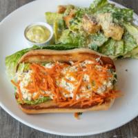 Dungeness Crab Sandwich · Dungeness Crab mixed with basil, aioli, sweet peppers, and a hint of wasabi. Ginger Carrots,...