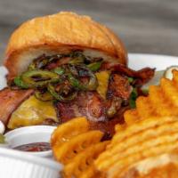 Jalapeño Bacon Cheddar Burger · Jalapeño, Cheddar, and Beef Patty. Topped with Jalapeños, Thick-Cut Pepper Bacon, Tillamook ...