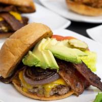 B & I Burger · Beef, Bacon, Cheddar, and Onion Patty. Topped with thick-cut Pepper Bacon, Cheddar Grilled O...