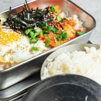 Kimchi Rice  · Steamed Rice topped with Sunny Side Up Egg, Seasoned Kimchi, Green Onions, Shredded Nori & S...