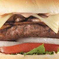 Mushroom Swiss Burger · Grilled Mushrooms with Melted Swiss Cheese on top of a 1/4lb Ground Beef Patty with Freshly ...