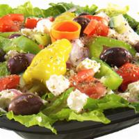 Greek Salad · Crumbled Greek Feta cheese, finely chopped red onions, over freshly chopped romaine salad mi...