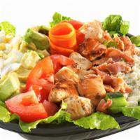 Mediterranean Cobb Salad · Crumbled Bleu cheese, marinated diced chicken next to chopped Applewood Bacon, freshly diced...