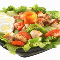 Broiled Chicken  · Diced Mediterranean-marinated chicken over a freshly chopped romaine salad mix, diced cucumb...