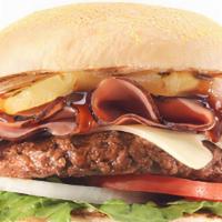 Hawaiian Teriyaki Burger · Broiled Pineapple Slices Glazed with Teriyaki Sauce over Thinly Sliced Black Forest Ham and ...