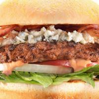Tangy Bleu Bacon Burger · Applewood Thick Sliced Bacon on top of a 1/4lb Ground Beef Patty topped with Bleu Cheese Cru...