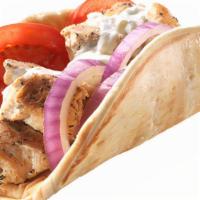 Chicken Souvlaki Sandwich · Diced Mediterranean-Marinated Chicken with Freshly Sliced Tomatoes and Finely Chopped Red On...