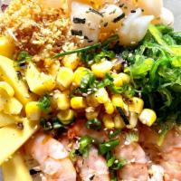 Ocean Poke Bowl · Your choice of base, shrimp, scallop, green onion, seaweed salad, mango, pineapple, crispy g...