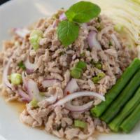 Larb Kai Salad · Ground chicken, red onion, green onion, cilantro, rice powder with homemade special sauce.