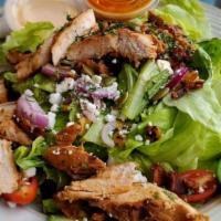 Sweet & Savory Chicken Salad · Grilled Piri Piri chicken, mango, roasted red peppers, goat cheese, roasted pepitas, mixed g...