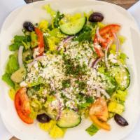 Greek Salad · lettuce, tomato, onions, cucumber, olives, dressing, feta cheese & tzatziki sauce.