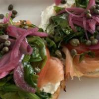 Off The Hook Lox & Bagels · Nova scotia smoked salmon, cream cheese, tomatoes, pickled red onions, capers and arugula on...