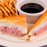 Classic French Dip · Slow roasted to tender perfection. On a toasted French roll with mayonnaise and real beef au...