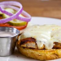 Cajun Chicken Sandwich · Wood fired, fresh, natural chicken breast with Cajun spices, pepper Jack cheese, lettuce, to...