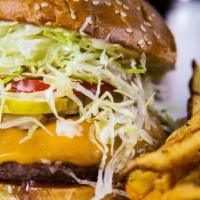 Wcg Cheeseburger · Cheddar cheese, lettuce, tomato, onion, pickles, and mayonnaise.