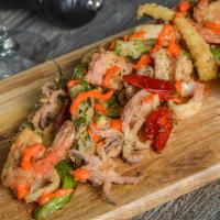 Fritto Misto · Crispy calamari, shrimp, zucchini, asparagus, shishito peppers & Calabrian drizzle