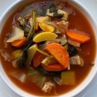 Cup Minestrone · Carrots, squash, zucchini, celery & basil in tomato broth