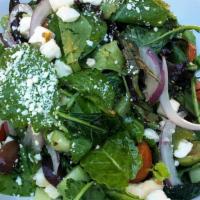 Greek Salad · Mixed greens, cucumbers, red onion, cherry tomatoes, feta cheese, Kalamata & Castelvetrano o...