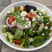 Side Greek Salad · Mixed greens, cucumbers, red onion, cherry tomatoes, feta cheese, Kalamata & Castelvetrano o...
