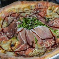 Prosciutto & Fig Pizza · Fig jam, prosciutto di Parma, mozzarella, gorgonzola, arugula & balsamic drizzle