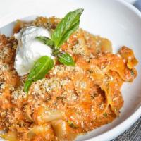 Lazy Lasagna · Pappardelle, bolognese, ricotta, herbed panko crumbs & cracked pepper