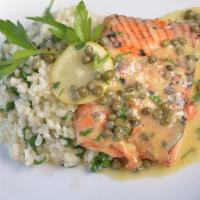 Piccata · White wine lemon butter sauce with capers. Served with Parmesan risotto