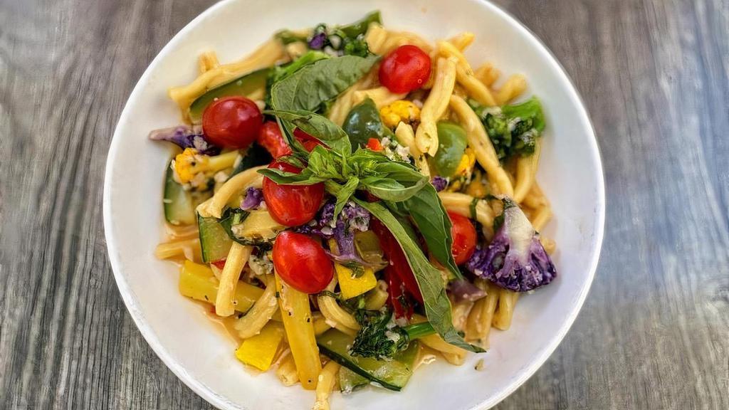Primavera · Casarecce pasta with broccoli, cauliflower, squash, zucchini & bell peppers tossed with olive oil, garlic & white wine
