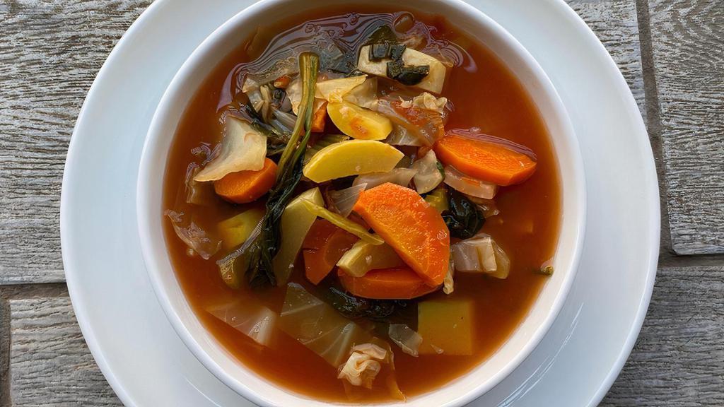 Minestrone Soup · Carrots, squash, zucchini, celery & basil in tomato broth