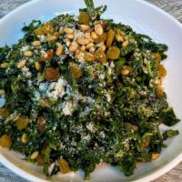 Gf Kale Salad · Golden raisins, roasted pine nuts, pecorino Romano & lemon vinaigrette