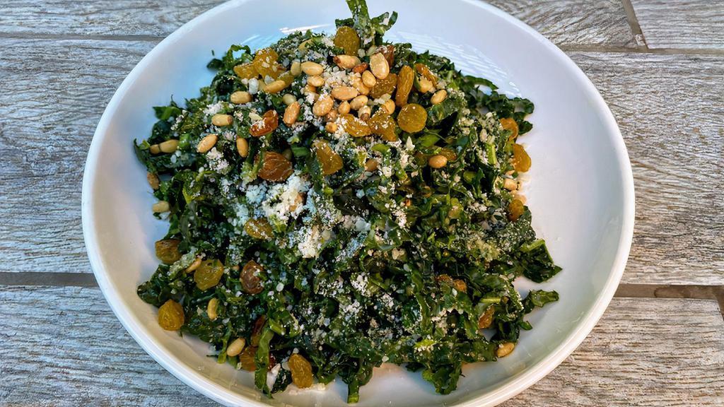 Gf Kale Salad · Golden raisins, roasted pine nuts, pecorino Romano & lemon vinaigrette