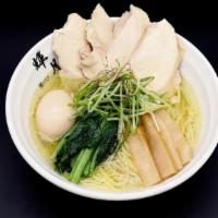 Chicken Shio · 鶏塩ラーメン Shio ramen topped with chicken chashu. Soup is a blend of pork and chicken