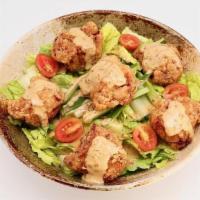 Karaage Salad · 唐揚げサラダ Crispy, juicy Japanese deep-friend chicken on a bed of lettuce greens, cucumber, and ...