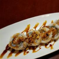 Shrimp Tempura Roll (5) · Tempura shrimp cucumber avocado lettuce and yamagobo inside and onion tempura crunch on the ...