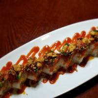 Diablo Roll · Tempura shrimp, cucumber, spicy crab meat inside, spicy tuna, jalapeno on top, with crunch, ...