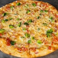 Chicken Veggie · Grilled chicken, tomatoes, red onions, scallions, broccoli, garlic, basil and mozzarella