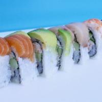 Rainbow Roll · Cali roll topped with tuna, yellow tail, salmon, ebi, avocado.