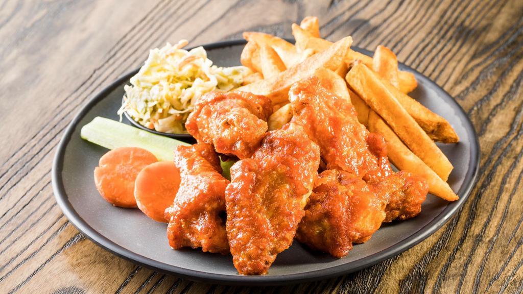Wing Dinner · Six of our hand-battered House Wings or non-battered Naked Wings in the sauce or rub of your choice with seasoned fries and  and accompanied with miso-ginger coleslaw and house-made Ranch.