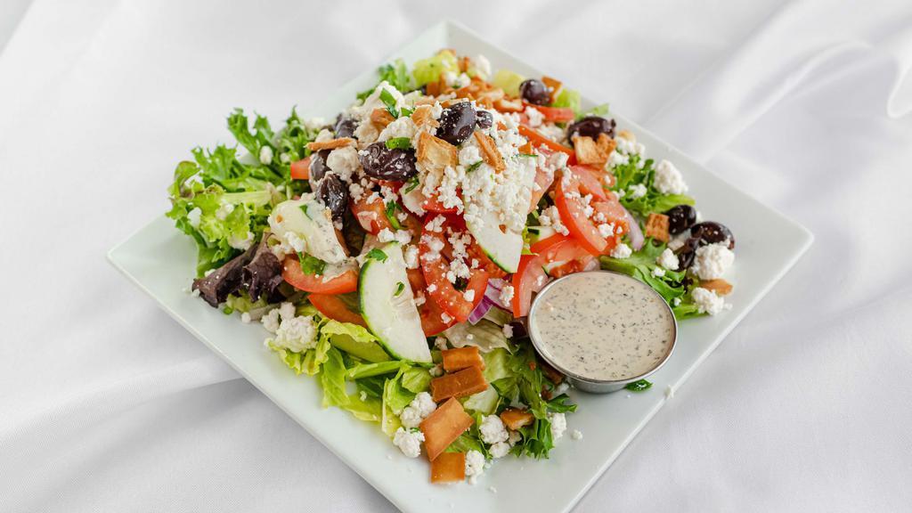 Lebanese Salad · Organic mixed greens, tomatoes, cucumbers, onions, feta cheese, olives, topped with our house dressing. GF
