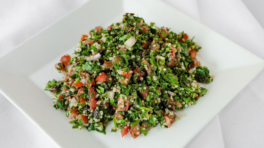 Tabouli Salad · Parsley, mint, quinoa, lemon, olive oil, tomatoes, and onions. VGN GF