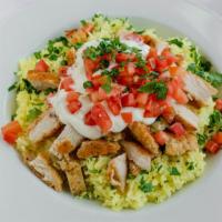Nicholas'S Chicken Plate · Sliced breaded chicken breast served over saffron jasmine rice and topped with tomatoes, and...