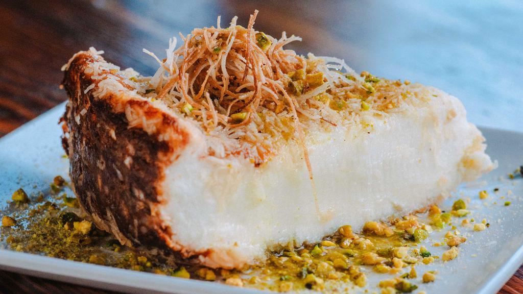 Knafa · A sweet Lebanese style cheesecake made with ashta and mozzarella cheese and topped with shredded phyllo dough and simple syrup.