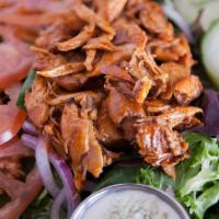 Bbq Salad · An entree size salad of mixed greens, tomatoes, red onion & cucumber topped with your choice...