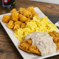 New!: Chicken Fried Chicken & Eggs · Crispy chicken breast topped with house-made country sausage gravy, a side of scrambled eggs...