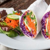 Veggie Wrap · Vegan. Avocado, sprouts, cucumbers. Tomatoes, sun sprouts, red onions, cabbage, carrots, red...
