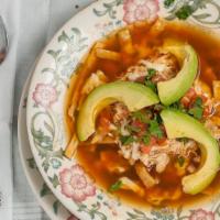 Tortilla Soup (Large) · Delicious and traditional soup broth, cooked gently just at the boiling point, with crunchy ...