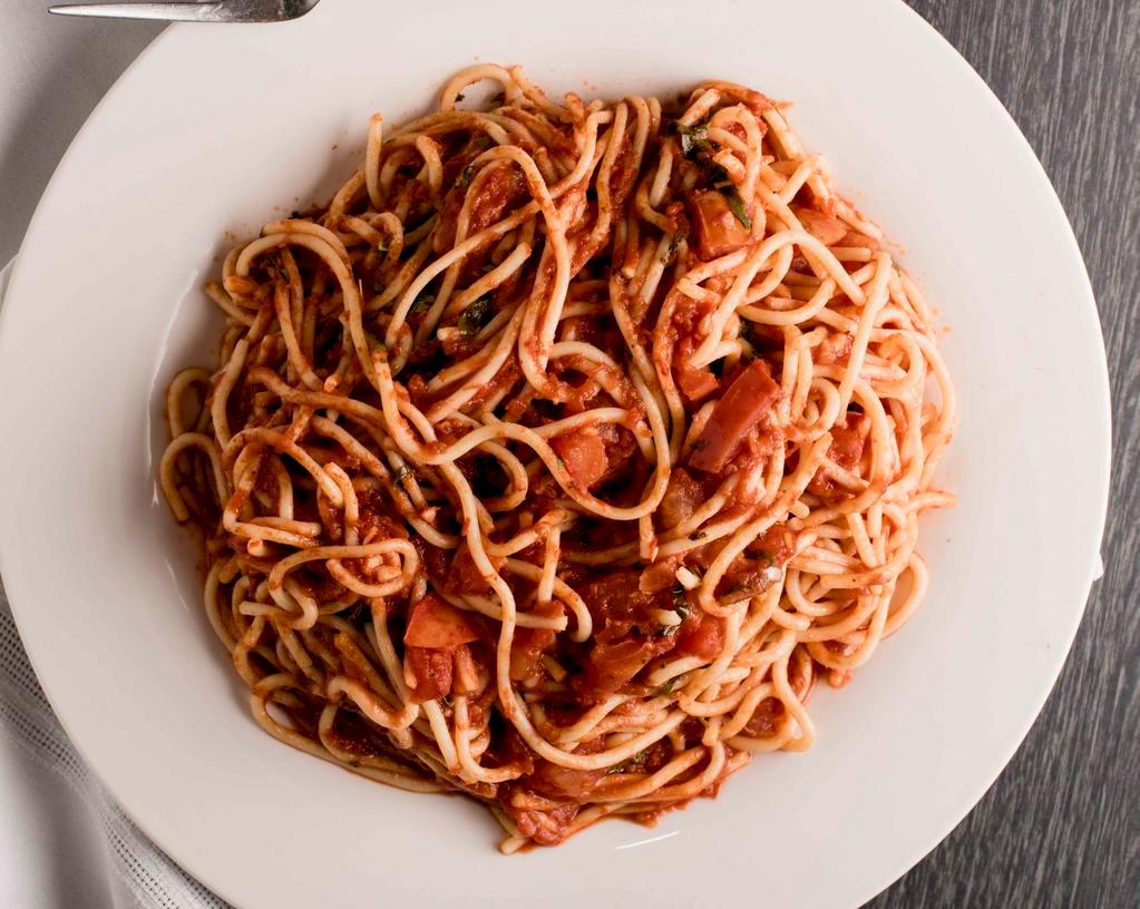Spaghettini Pomodoro · San Marzano tomato sauce, tomatoes, basil, oregano, garlic.