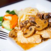 Chicken Marsala · A hand cut chicken breast medallions, mushrooms, marsala wine sauce, fettuccine.