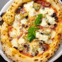 Capricciosa (9 Inch) · Tomato sauce, mozzarella, sopressatta salami, artichokes, mushrooms, olives.