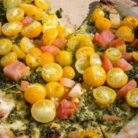 Pizza Verde (18 Inch) · Pesto, chicken, cherry tomato, mozzarella.